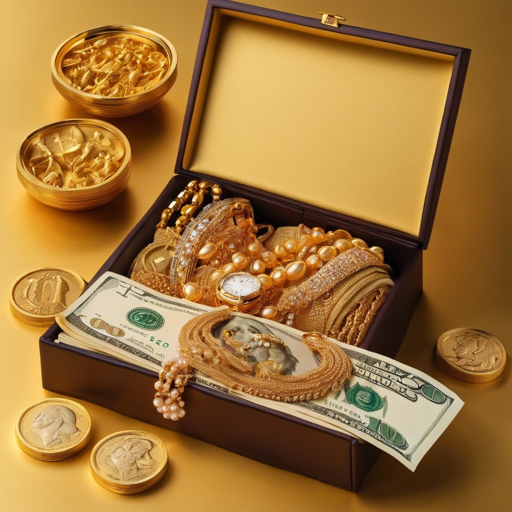 Finance - Momey background, Wealth background, Treasure background image, Gold jewelry (jewellery) background, abundance of wealth background, royal gold, Dollar bills with gold jewelry and coins in brown case in golden background